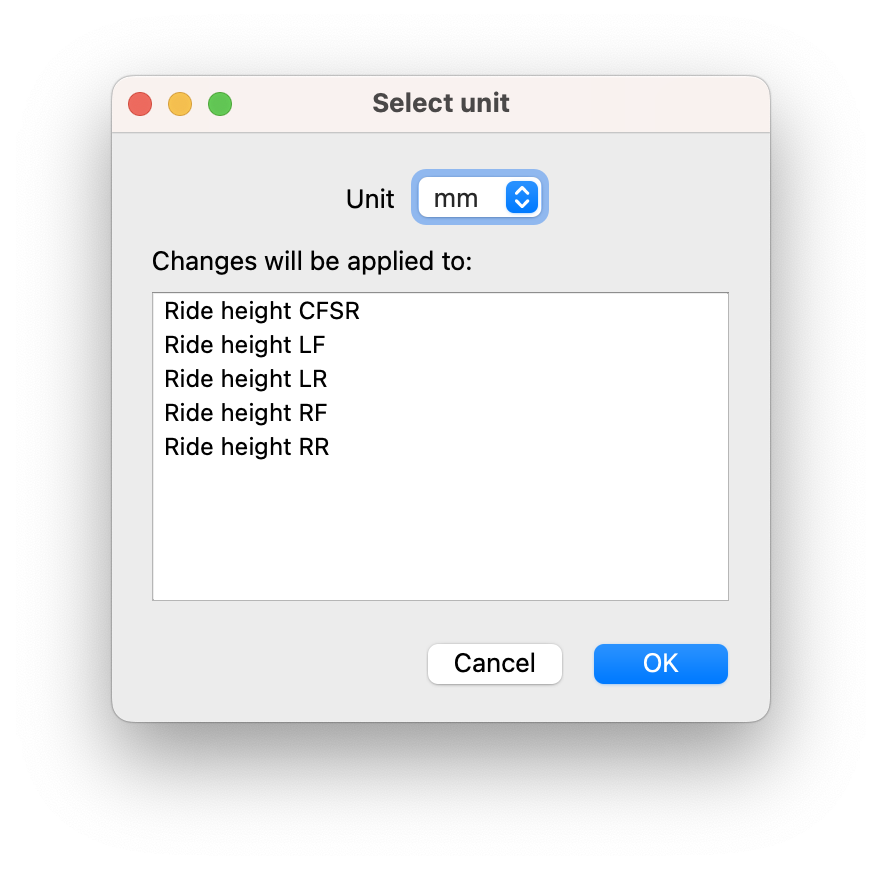 Analyzer change unit dialog