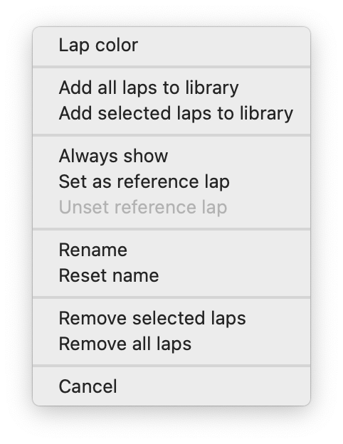 Analyzer lap list context menu